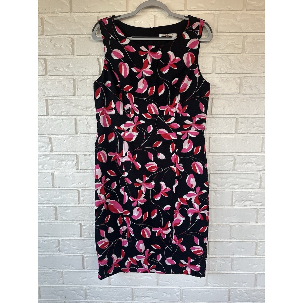 Kasper Sheath Dress Women's 10 Black Pink Floral Sleeveless Wedding Guest